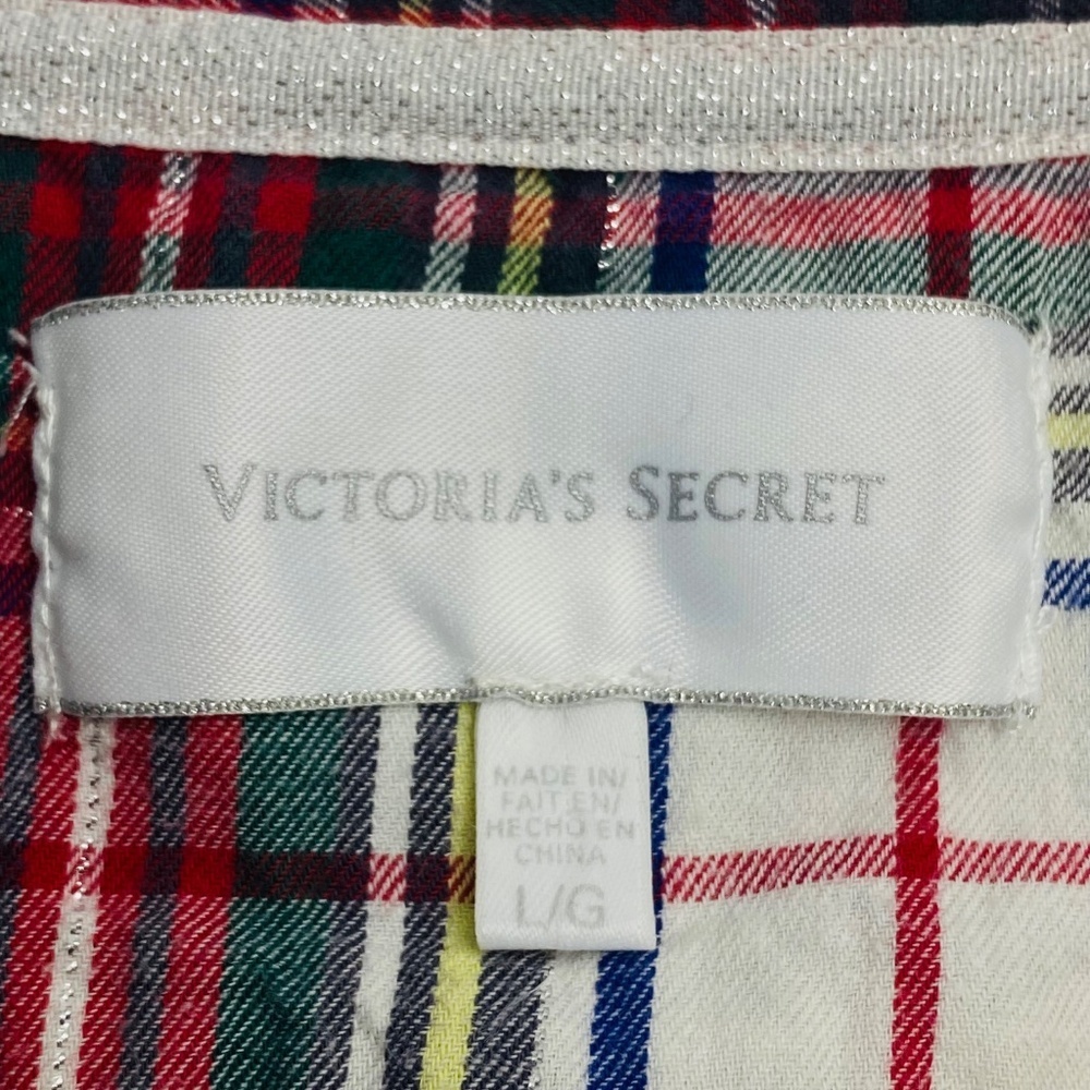 VICTORIA’S SECRET Plaid Pajama Silver Lurex Flannel 98% Cotton Pom Pom Trim L - Picture 8 of 13